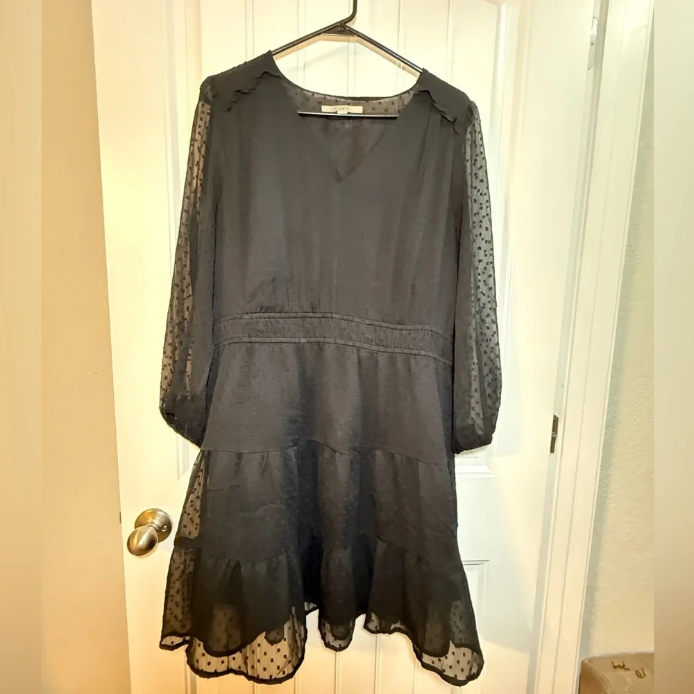 LOFT Black Swiss Dot Sheer Dress Size 14 Long Sleeve V-Neck Tiered Ruffle Hem - Picture 6 of 6